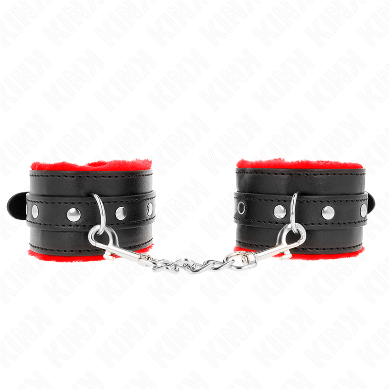 KINK - PREMIUM PELZGEFÜTTERTE HANDGELENKFESSELN ROT MIT SCHWARZEM GÜRTEL VERSTELLBAR 17-29 CM X 6 CM Produktansicht und Details