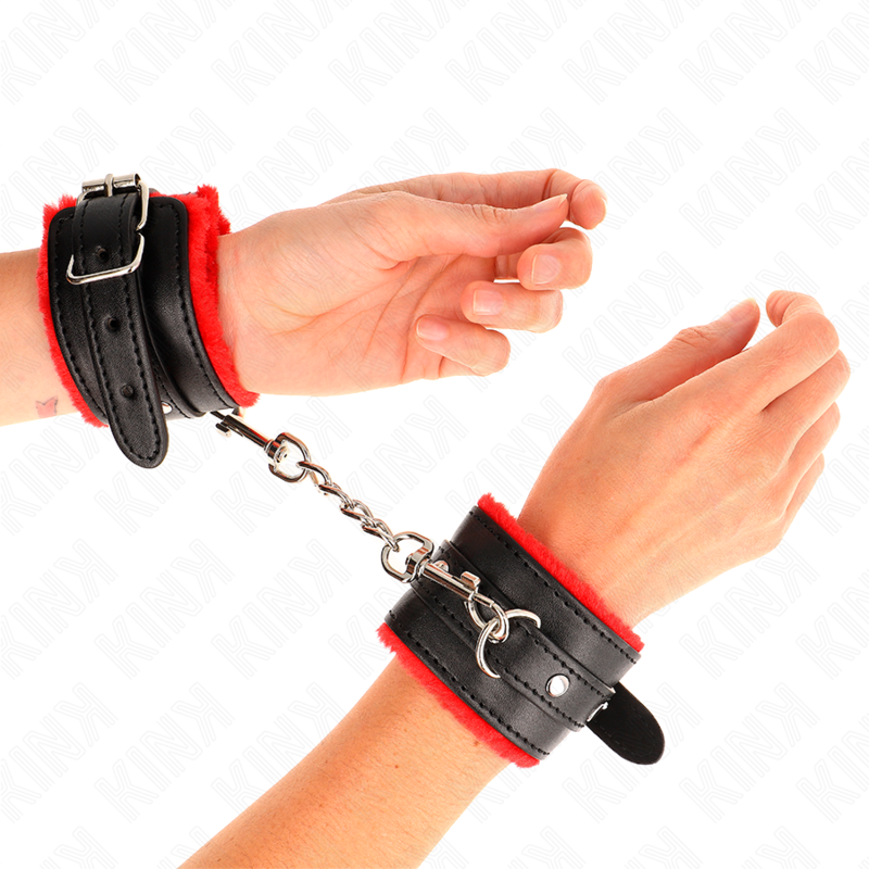 KINK - PREMIUM PELZGEFÜTTERTE HANDGELENKFESSELN ROT MIT SCHWARZEM GÜRTEL VERSTELLBAR 17-29 CM X 6 CM hochwertiges Zubehör