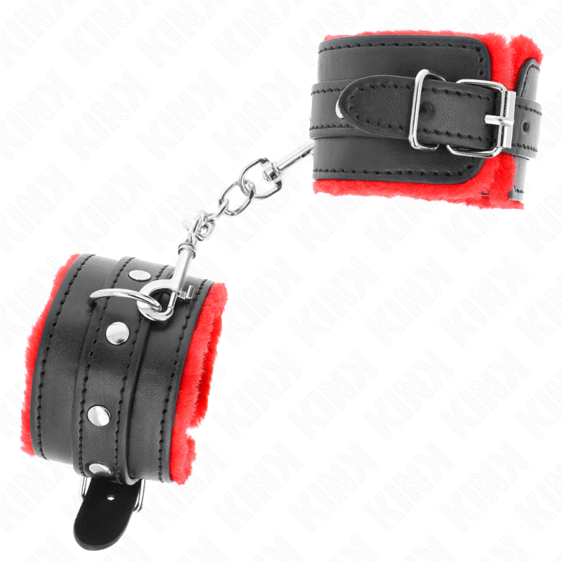 KINK - PREMIUM PELZGEFÜTTERTE HANDGELENKFESSELN ROT MIT SCHWARZEM GÜRTEL VERSTELLBAR 17-29 CM X 6 CM für sinnliche und diskrete Momente