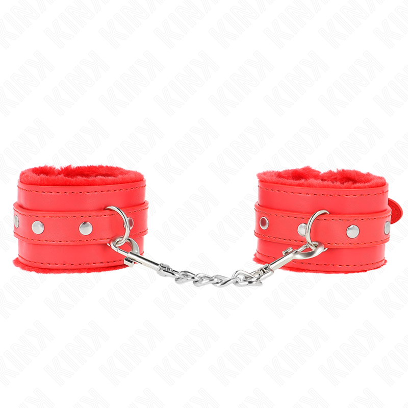 KINK - PREMIUM PELZGEFÜTTERTE HANDGELENKFESSELN ROT MIT ROTEM GÜRTEL VERSTELLBAR 17-29 CM X 6 CM Produktansicht und Details