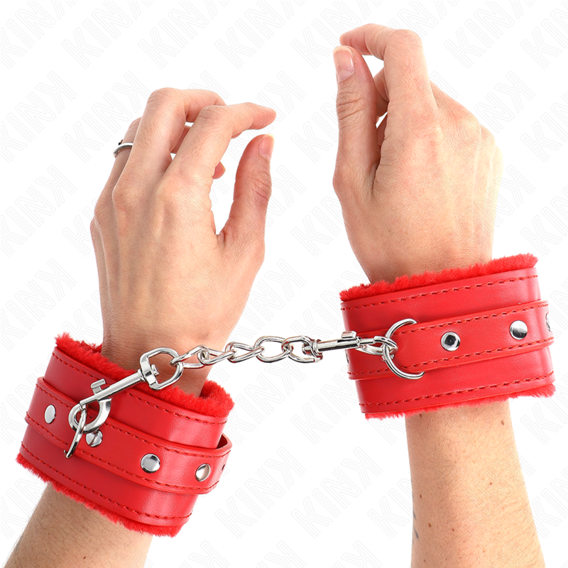 KINK - PREMIUM PELZGEFÜTTERTE HANDGELENKFESSELN ROT MIT ROTEM GÜRTEL VERSTELLBAR 17-29 CM X 6 CM hochwertiges Zubehör