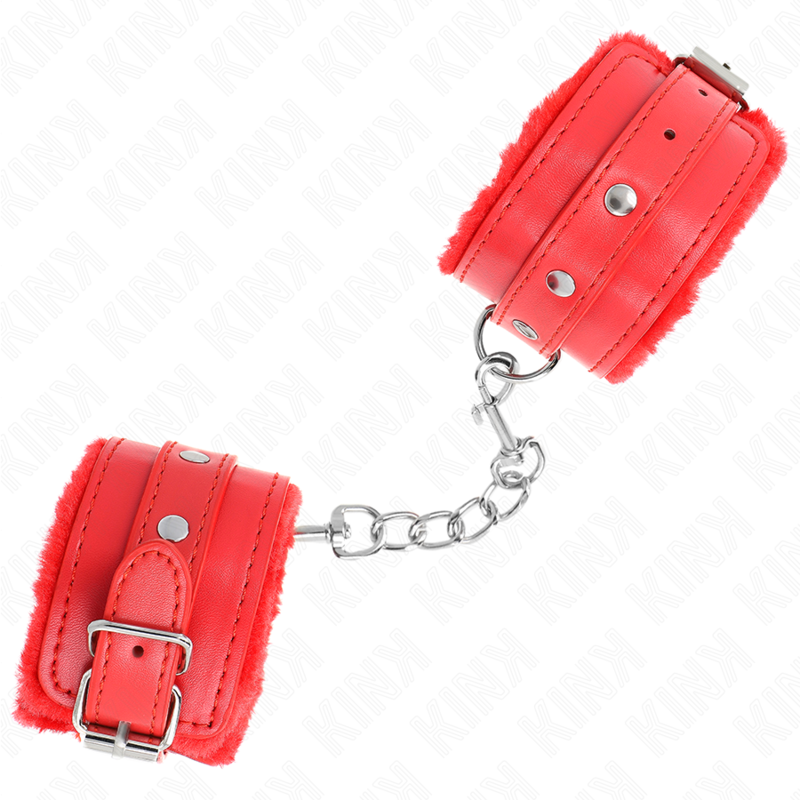 KINK - PREMIUM PELZGEFÜTTERTE HANDGELENKFESSELN ROT MIT ROTEM GÜRTEL VERSTELLBAR 17-29 CM X 6 CM bei Secret Pulse im Erotikshop