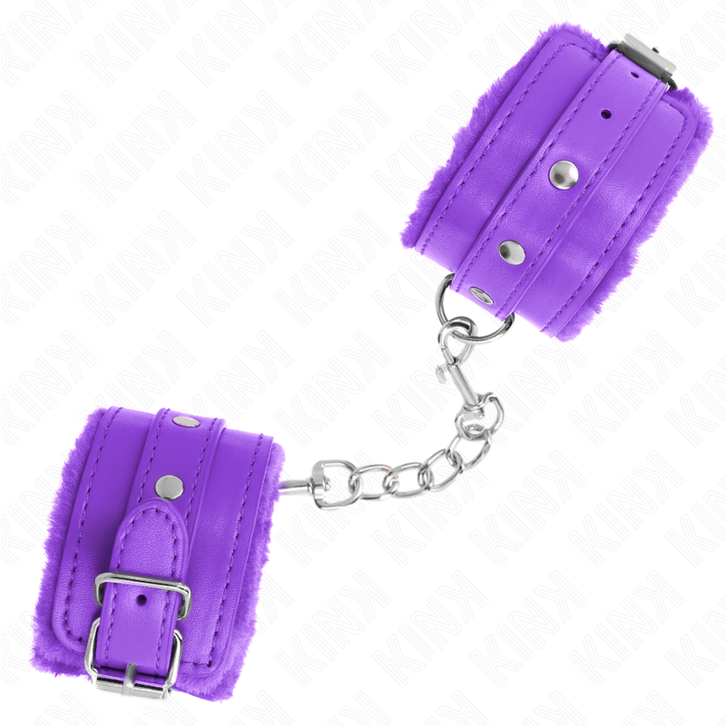 KINK - PREMIUM PELZGEFÜTTERTE HANDGELENKFESSELN LILA MIT LILA GÜRTEL VERSTELLBAR 17-29 CM X 6 CM Produktansicht und Details
