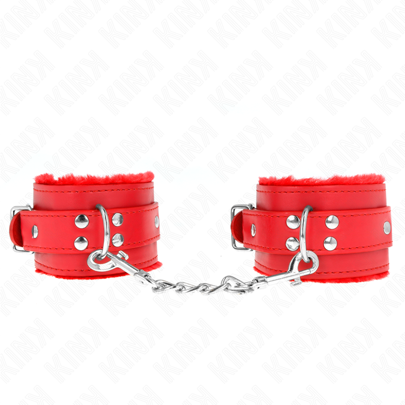 KINK - PELZGEFÜTTERTE HANDGELENKFESSELN ROT MIT ROTEM GÜRTEL VERSTELLBAR 17-29 CM X 6 CM Produktansicht und Details