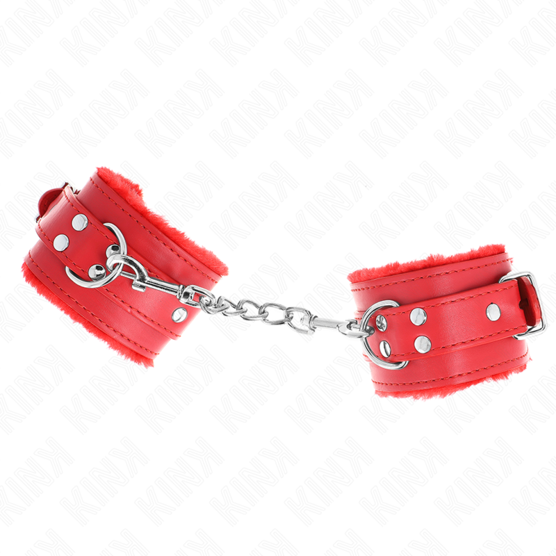 KINK - PELZGEFÜTTERTE HANDGELENKFESSELN ROT MIT ROTEM GÜRTEL VERSTELLBAR 17-29 CM X 6 CM für sinnliche und diskrete Momente
