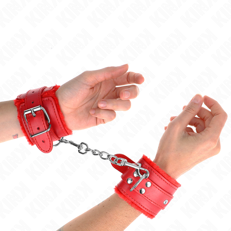 KINK - PELZGEFÜTTERTE HANDGELENKFESSELN ROT MIT ROTEM GÜRTEL VERSTELLBAR 17-29 CM X 6 CM Bondage-Fessel diskret online kaufen