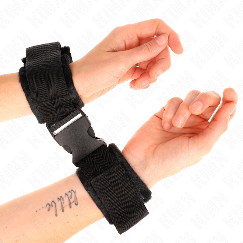 KINK - NYLON BIND-HANDFESSELN MIT KLETTVERSCHLUSS ROT-SCHWARZ MODELL 1 VERSTELLBAR 25-35 CM X 6 CM Produktansicht und Details