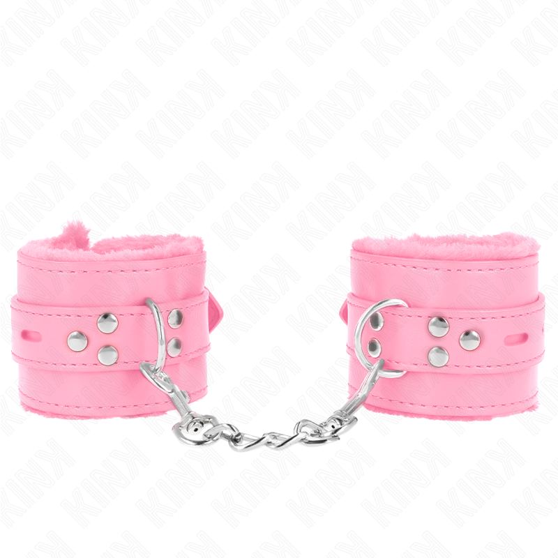 KINK - PELZGEFÜTTERTE HANDGELENKFESSELN MIT QUADRATISCHEN LÖCHERN, ROSA UND ROSA GÜRTEL, VERSTELLBAR 17-29 CM X 6 CM Produktansicht und Details