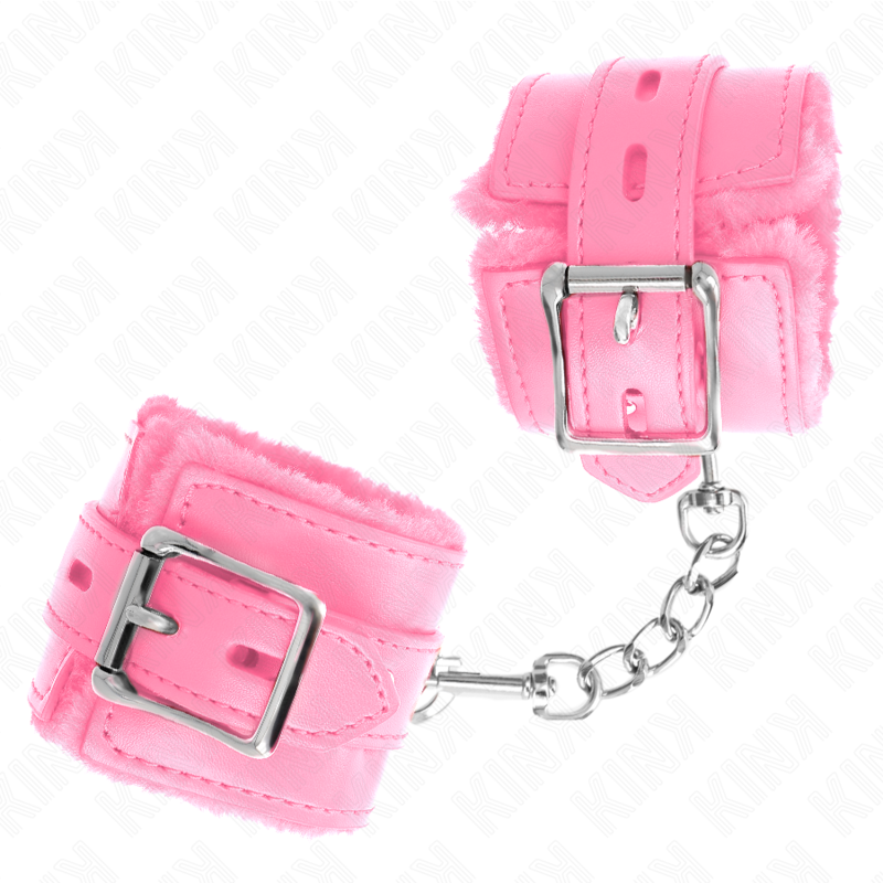 KINK - PELZGEFÜTTERTE HANDGELENKFESSELN MIT QUADRATISCHEN LÖCHERN, ROSA UND ROSA GÜRTEL, VERSTELLBAR 17-29 CM X 6 CM bei Secret Pulse im Erotikshop