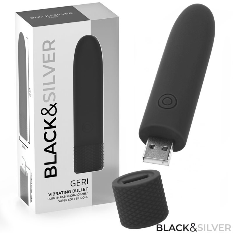 BLACK & SILVER - GERI USB WIEDERAUFLADBARER VIBRIERENDER BULLET 8 VIBRATIONEN SCHWARZ 10 X 2,2 CM – Vibrator Bild 2