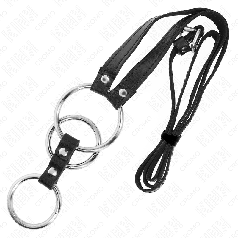 KINK - DREIFACH METALL PENISRING 3,8 CM BIS 5 CM MIT LEDERGURTE 112 CM Produktansicht und Details