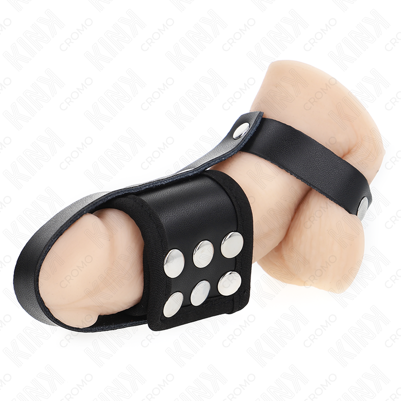 KINK - PENISKÄFIGRING AUS LEDER MIT VERSTELLBAREM BESCHICHTETEM HOCKENTRENNERGURT Produktansicht und Details