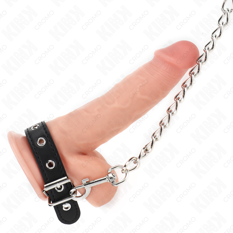 KINK - PENISRING AUS LEDER MIT RIEMEN 21,5 X 2 CM UND METALLKETTE 60 CM Produktansicht und Details