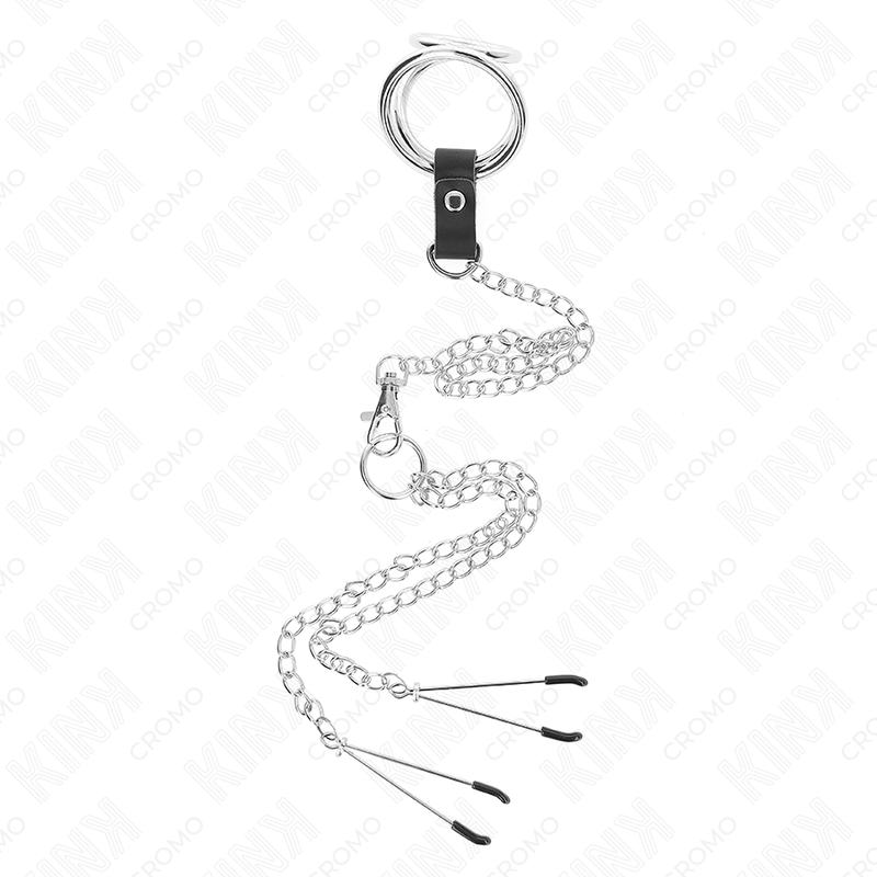 KINK - DREIFACH CHROM METALL PENISRING 3 CM BIS 4,5 CM MIT 26 CM METALLKETTE UND BRUSTKLAMMERN hochwertiges Zubehör
