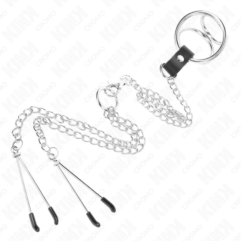 KINK - DREIFACH CHROM METALL PENISRING 3 CM BIS 4,5 CM MIT 26 CM METALLKETTE UND BRUSTKLAMMERN Produktansicht und Details