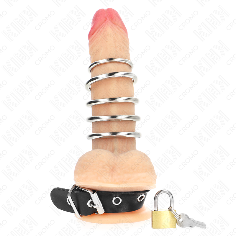KINK - PENISRING AUS LEDER MIT VERSCHLUSSBAND 21 X 2 CM UND 5 METALLRINGEN VON 3 CM BIS 4 CM für sinnliche und diskrete Momente