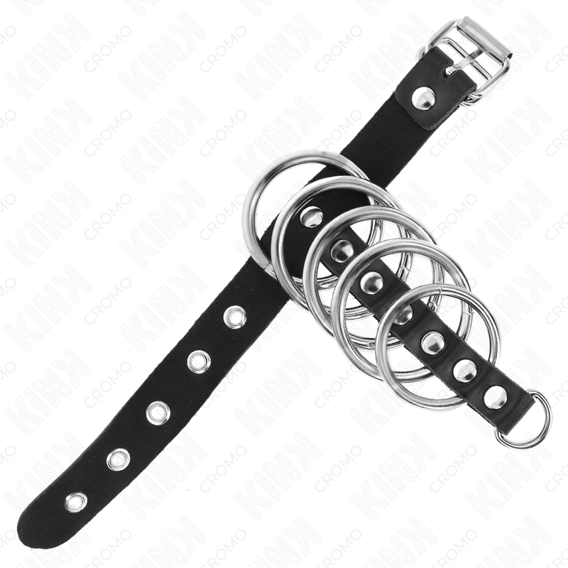 KINK - PENISRING AUS LEDER MIT VERSCHLUSSBAND 21 X 2 CM UND 5 METALLRINGEN VON 3 CM BIS 4 CM Produktansicht und Details