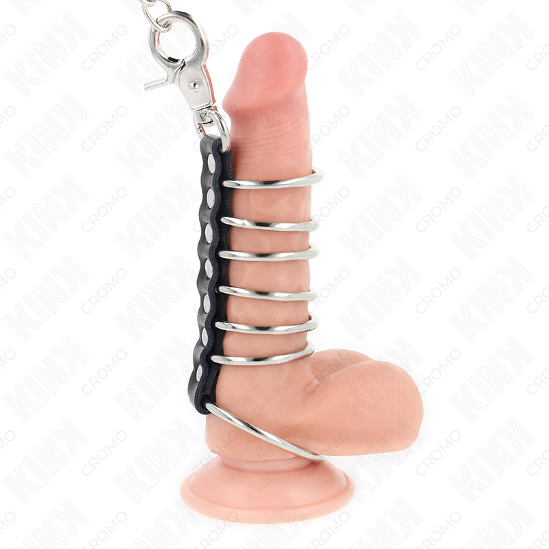 KINK - 7 PENISRINGE AUS METALL 3,8 CM BIS 5 CM VERBUNDEN MIT LEDER UND METALLKETTE 100 CM bei Secret Pulse im Erotikshop