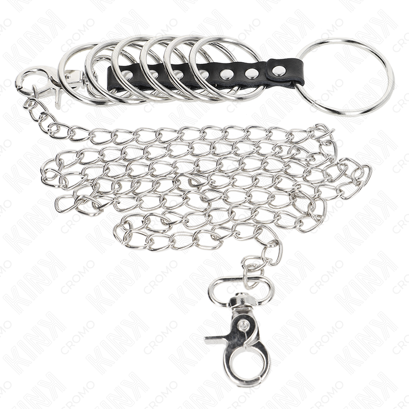 KINK - 7 PENISRINGE AUS METALL 3,8 CM BIS 5 CM VERBUNDEN MIT LEDER UND METALLKETTE 100 CM für sinnliche und diskrete Momente