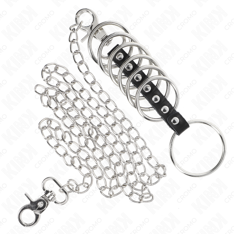 KINK - 7 PENISRINGE AUS METALL 3,8 CM BIS 5 CM VERBUNDEN MIT LEDER UND METALLKETTE 100 CM hochwertiges Zubehör