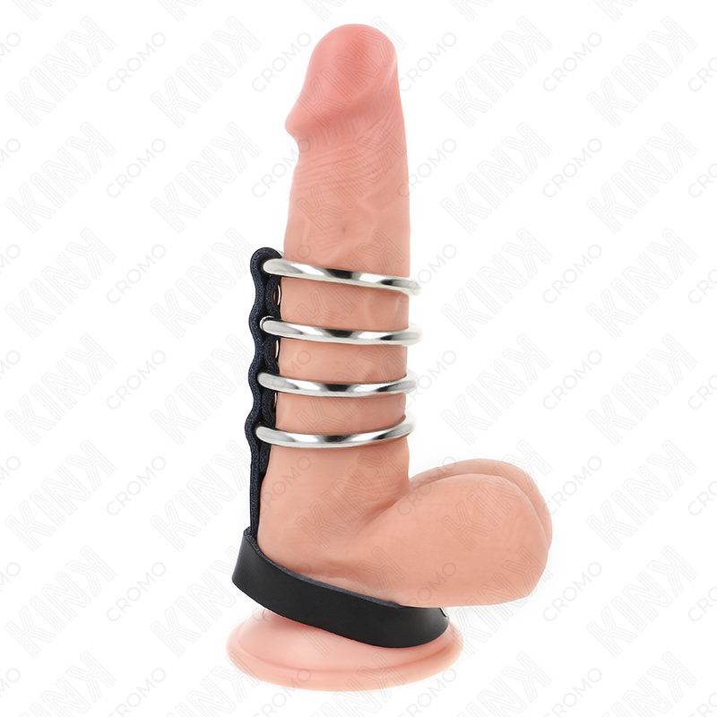KINK - 4 METALL PENISRINGE 3,8 CM VERBUNDEN MIT LEDERBAND 22 X 1,5 CM UND DRUCKVERSCHLUSS Penisring diskret online kaufen