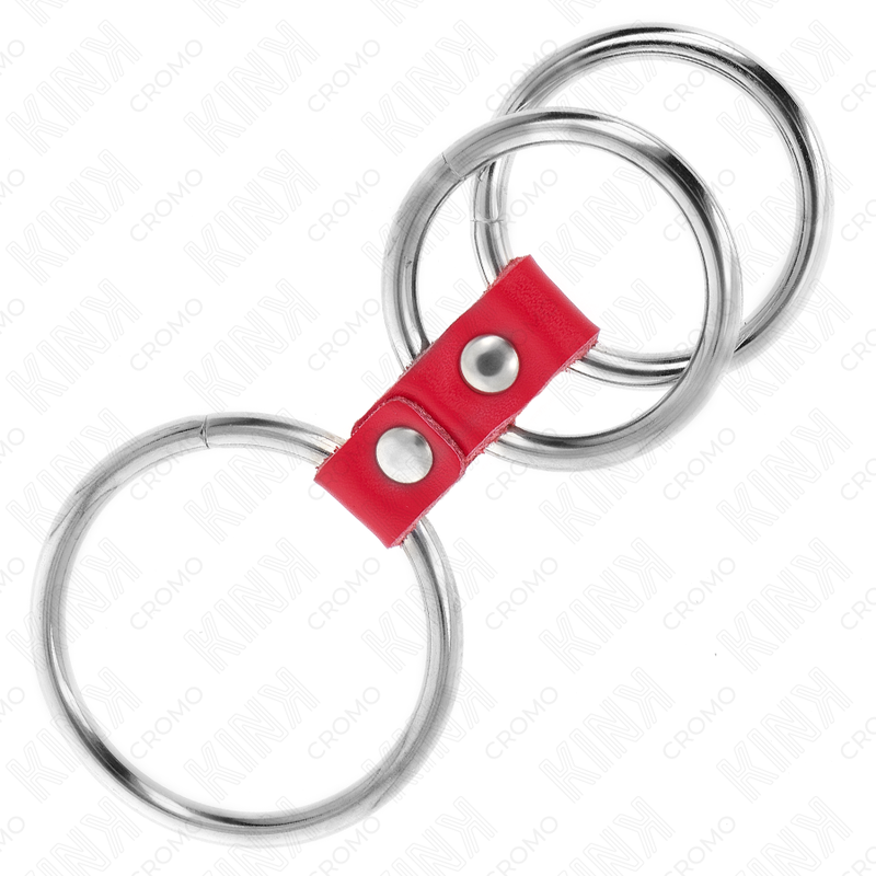 KINK - DREIFACH METALL PENISRING 3,7 CM BIS 5 CM VERBUNDEN MIT ROTEM LEDER hochwertiges Zubehör