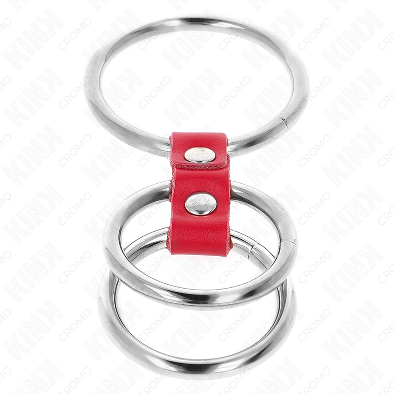 KINK - DREIFACH METALL PENISRING 3,7 CM BIS 5 CM VERBUNDEN MIT ROTEM LEDER Produktansicht und Details