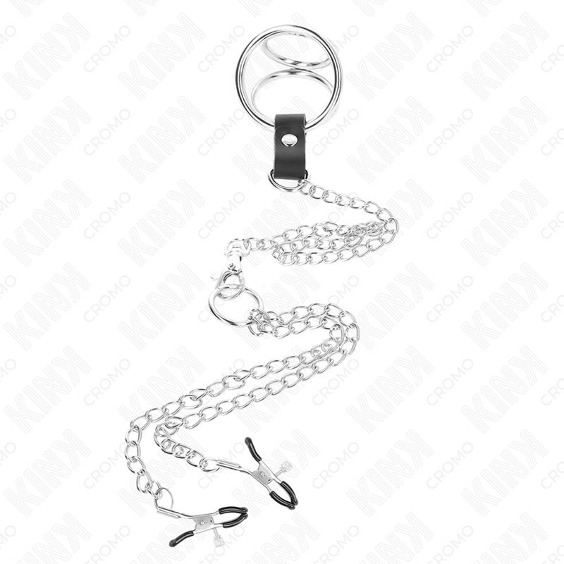KINK - DREIFACH CHROM METALL PENISRING 3,8 CM BIS 5 CM MIT 26 CM METALLKETTE UND NIPPELKLEMMEN MODELL 1 hochwertiges Zubehör