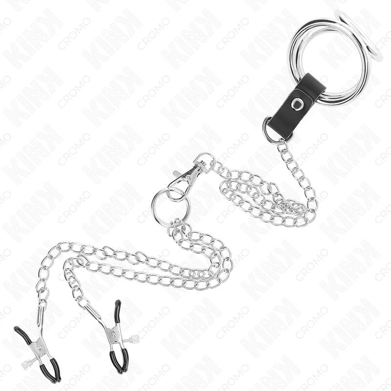 KINK - DREIFACH CHROM METALL PENISRING 3,8 CM BIS 5 CM MIT 26 CM METALLKETTE UND NIPPELKLEMMEN MODELL 1 für sinnliche und diskrete Momente
