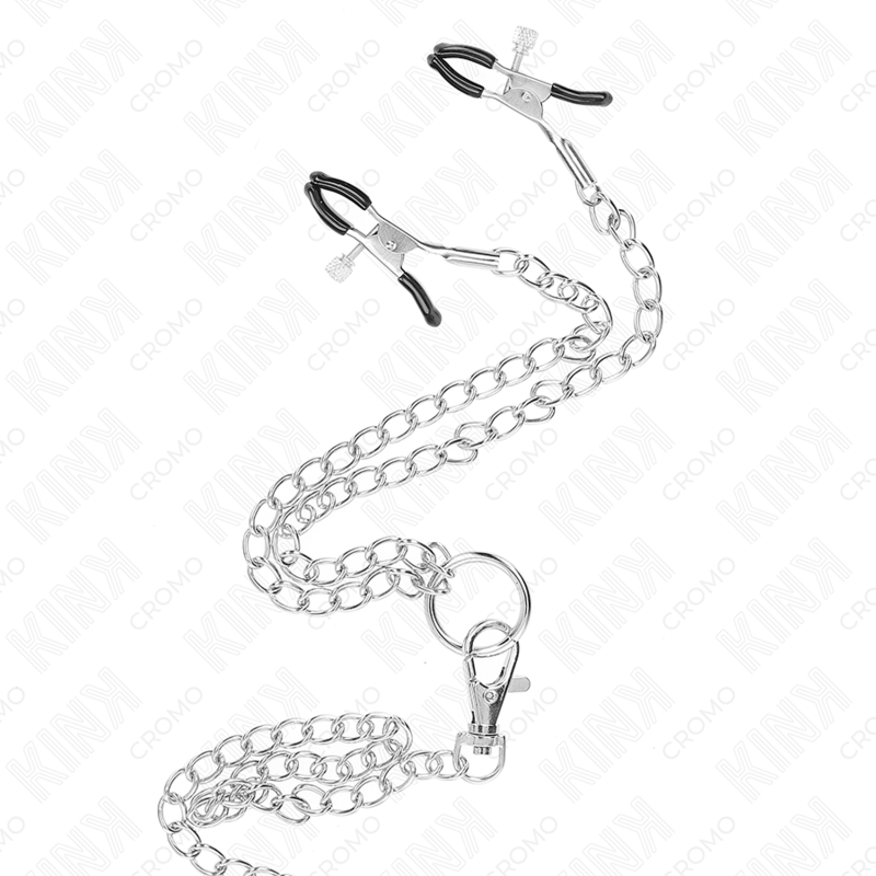 KINK - DREIFACH CHROM METALL PENISRING 3 CM BIS 4,5 CM MIT 26 CM METALLKETTE UND BRUSTKLAMMERN Produktansicht und Details