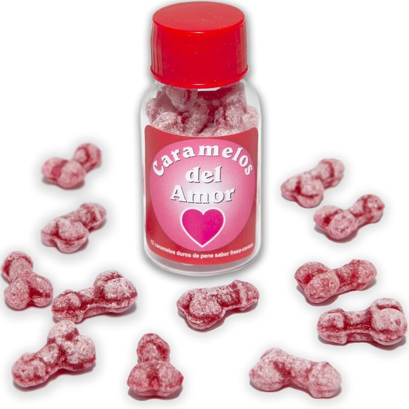 DIABLO PICANTE - 12 PENISFÖRMIGE LIEBESBONBONS ERDBEERE/KIRSCHE – Erotik-Süßigkeit von DIABLO PICANTE
