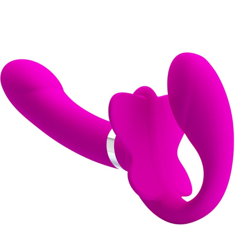 PRETTY LOVE - VALERIE DOPPEL-STRAP-ON-VIBRATOR 12 VIBRATIONEN LILA Produktansicht und Details