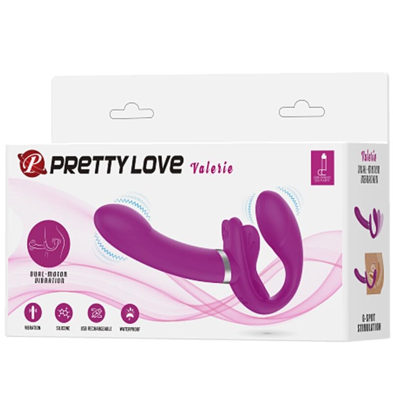 PRETTY LOVE - VALERIE DOPPEL-STRAP-ON-VIBRATOR 12 VIBRATIONEN LILA Produktansicht und Details