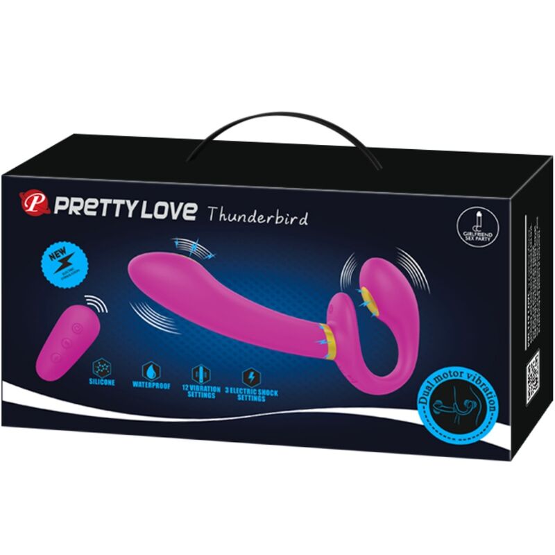 PRETTY LOVE - THUNDERBIRD DOPPELTER STRAP-ON-VIBRATOR MIT FERNBEDIENUNG LILA Produktansicht und Details