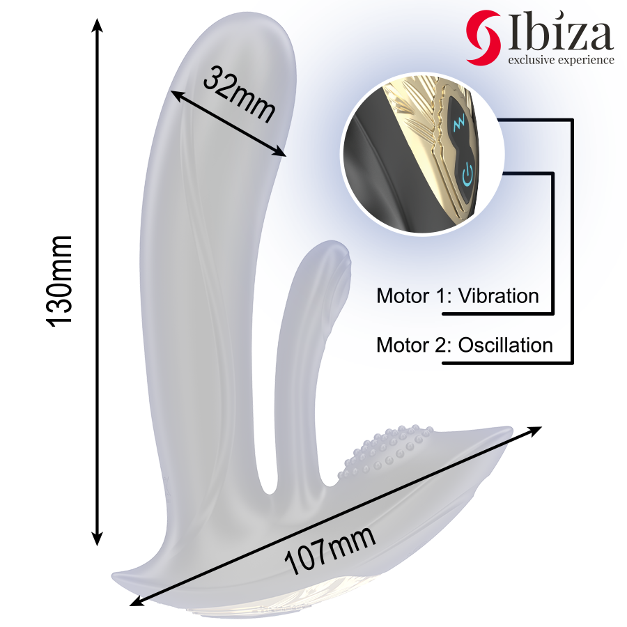 IBIZA – TRAGBARER VIBRATOR MIT G-PUNKT- UND KLITORISSTIMULATION MIT FERNBEDIENUNG Produktansicht und Details
