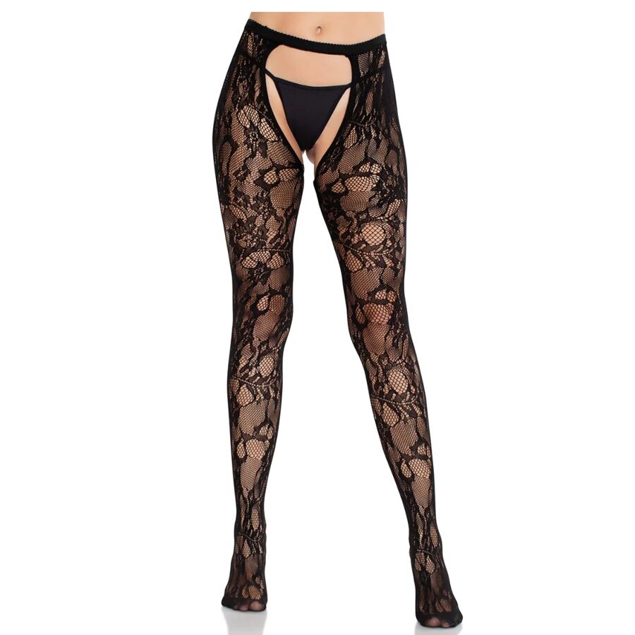 LEG AVENUE - ROSEN-SPITZENSTRÜMPFE MIT OFFENER RÜCKSEITE SCHWARZ Strümpfe Produktansicht