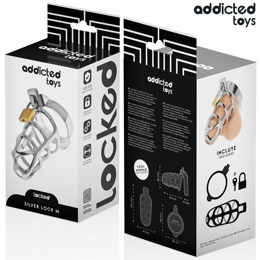ADDICTED TOYS LOCKED - SILBERNES SCHLOSS PENISKÄFIG METALL GRÖSSE M Keuschheitskäfig diskret online kaufen