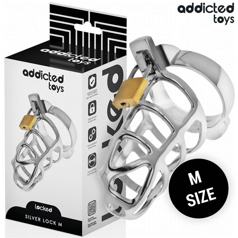 ADDICTED TOYS LOCKED - SILBERNES SCHLOSS PENISKÄFIG METALL GRÖSSE M Keuschheitskäfig diskret online kaufen