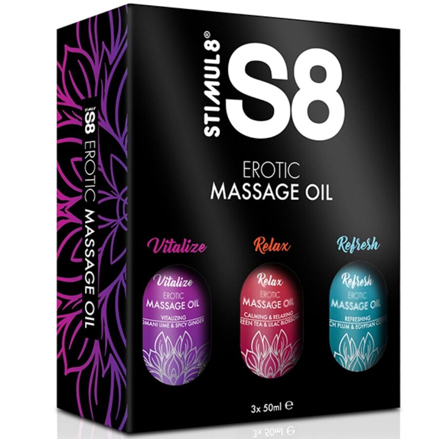 STIMUL8 S8 Massageöl Box 3 × 50 ml – Sinnlich, Vitalisierend & Hautfreundlich