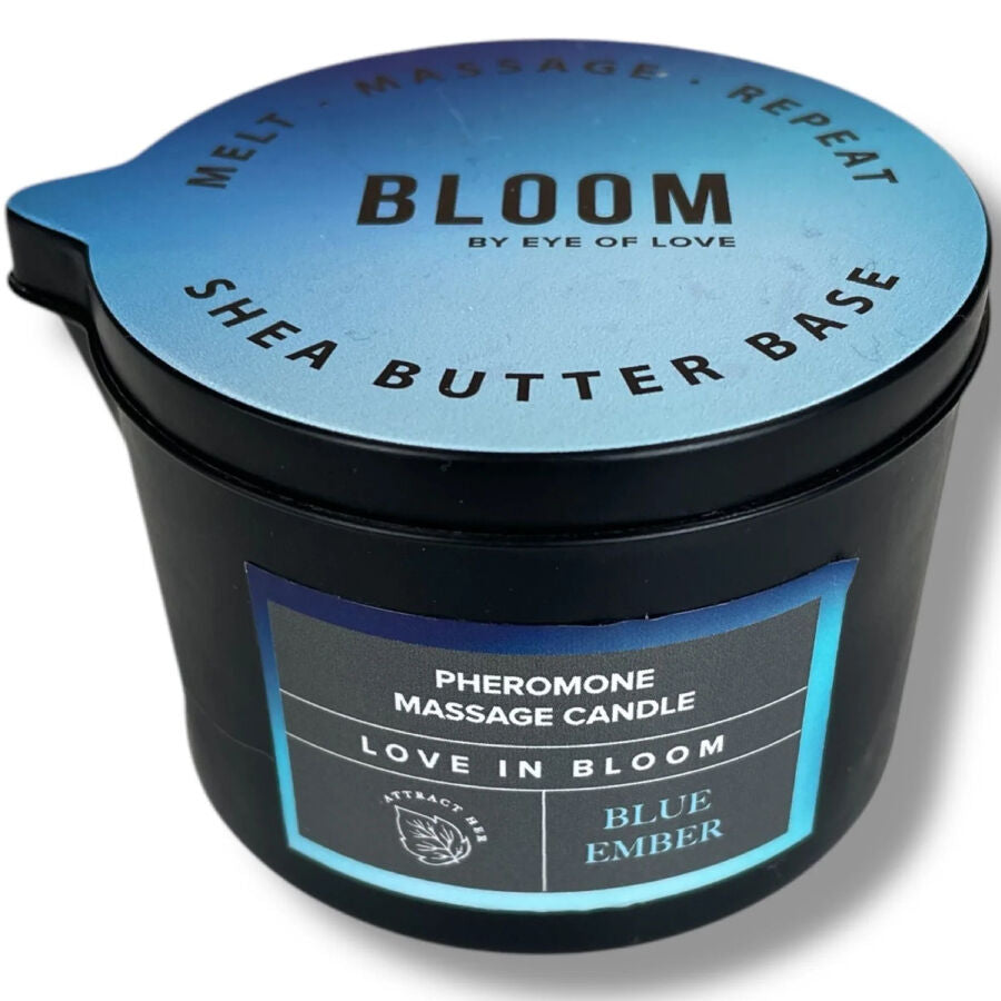 EYE OF LOVE Bloom Massagekerze 150 ml – Blue Ember Indica Pheromonkerze für Entspannung & Sinnlichkeit Produktansicht und Details