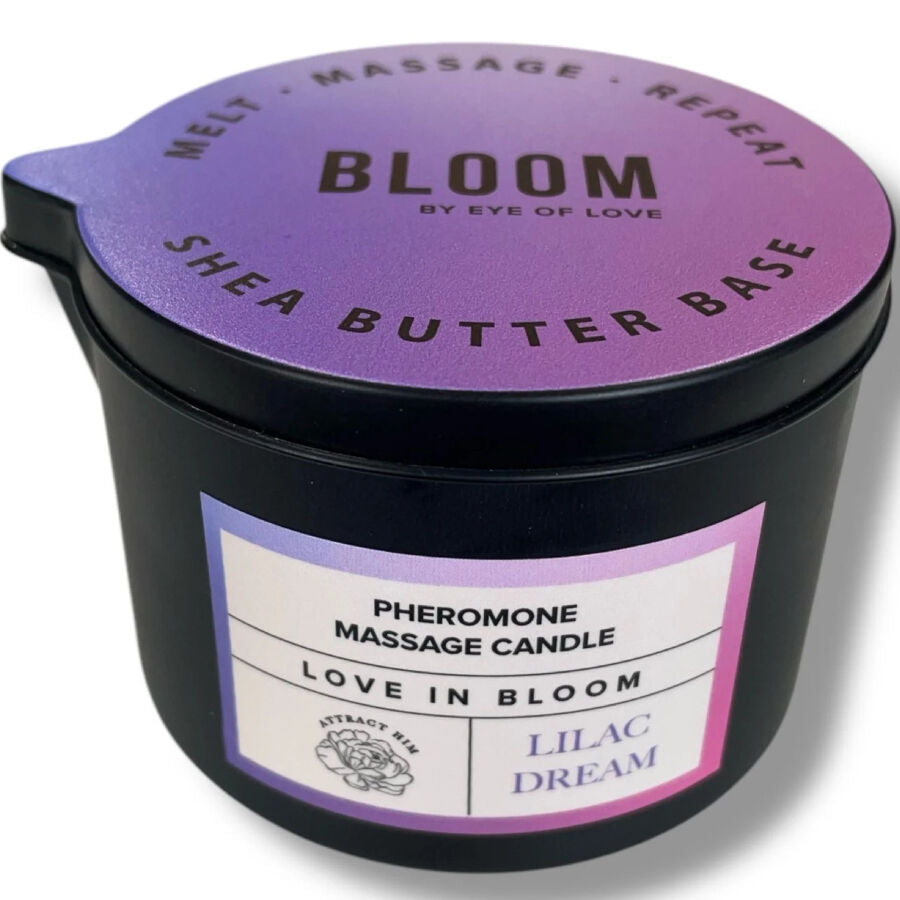 EYE OF LOVE Bloom Massagekerze 150 ml – Lilac Dream Pheromonkerze für Entspannung & Intimität Produktansicht und Details