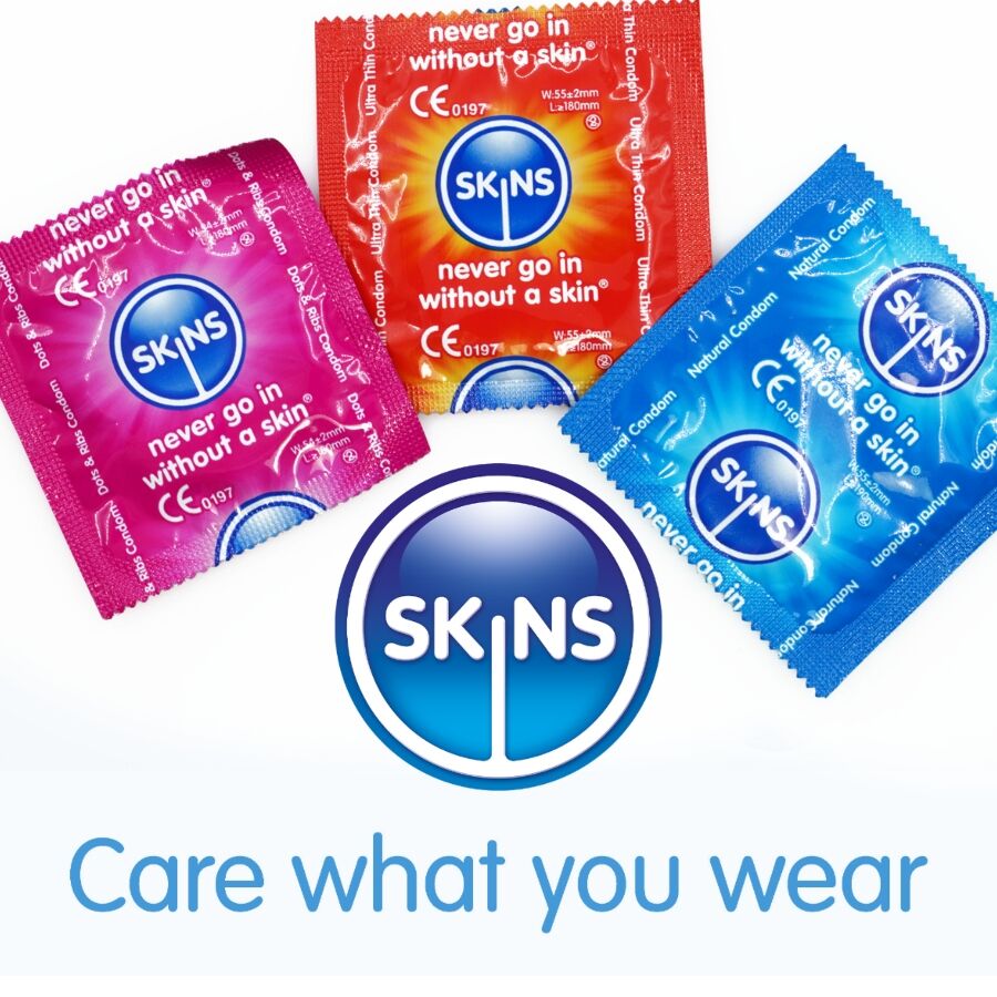 SKINS Premium Kondome 16er Pack – Ultradünn, Noppen & Klassisch mit Vanilleduft Produktverpackung und Details