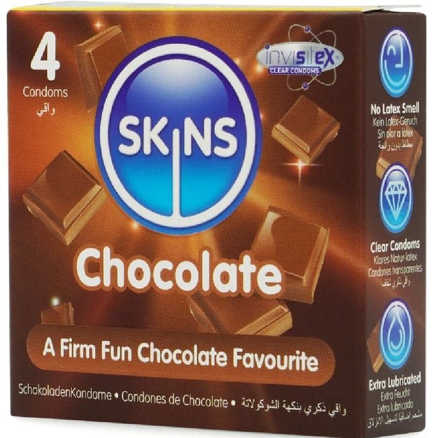 Skins Schokolade Premium-Kondome 4er-Pack – Dezenter Geschmack & Extra Geschmiert für Schutz und angenehmes Gefühl