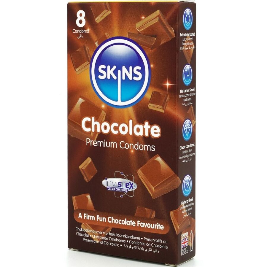 Skins Schokolade Premium-Kondome 8er-Pack – Dezenter Geschmack & Extra Geschmiert für Schutz und angenehmes Gefühl
