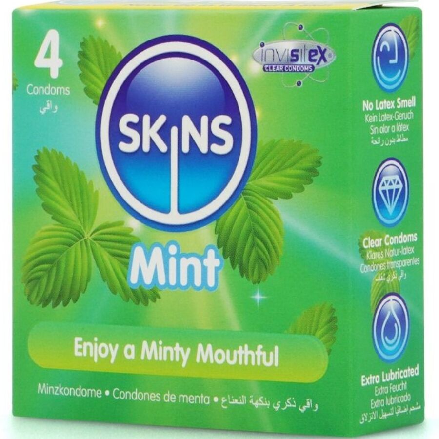 Skins Mint Premium-Kondome 4er-Pack – Minzgeschmack & Extra Geschmiert für Schutz und angenehmes Gefühl