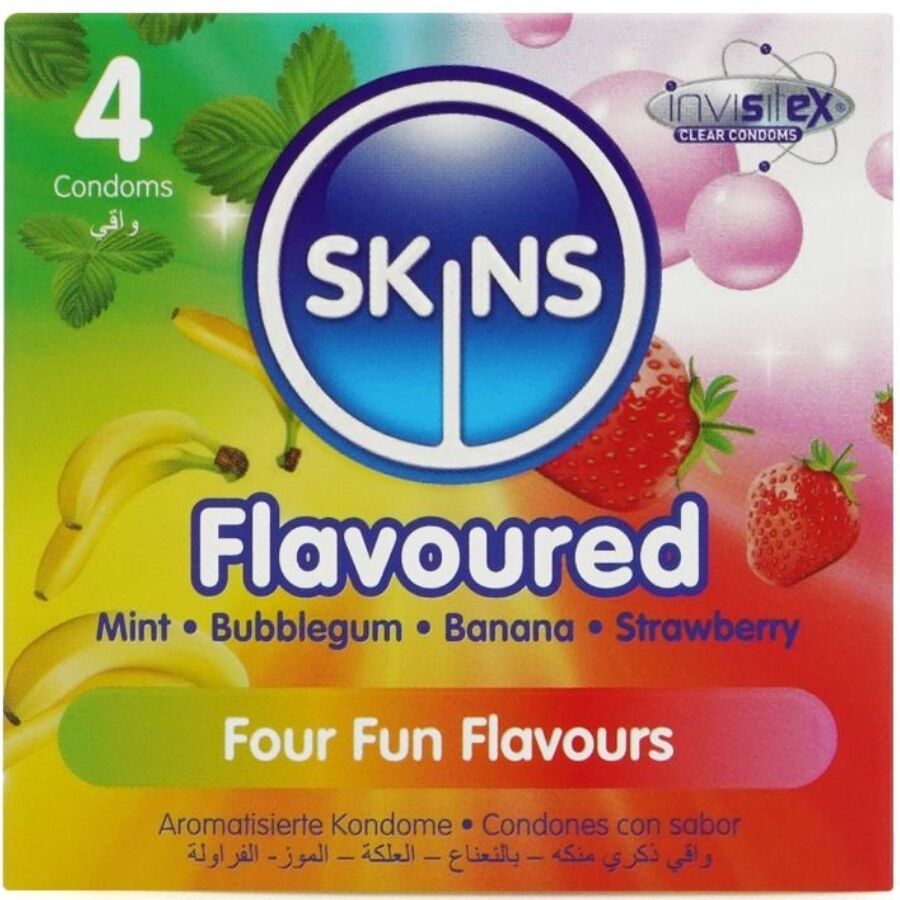 Skins Flavored Premium-Kondome 4er-Pack – Banane, Kaugummi, Minze & Erdbeere Kondome diskret online kaufen