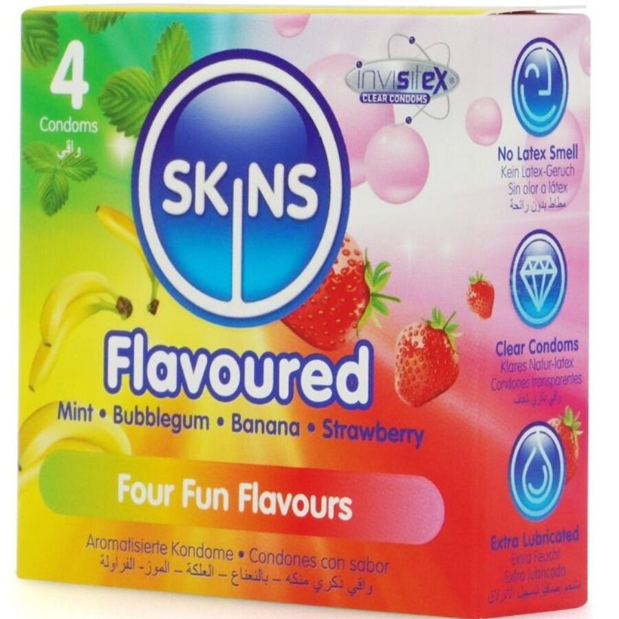 Skins Flavored Premium-Kondome 4er-Pack – Banane, Kaugummi, Minze & Erdbeere für Schutz und angenehmes Gefühl