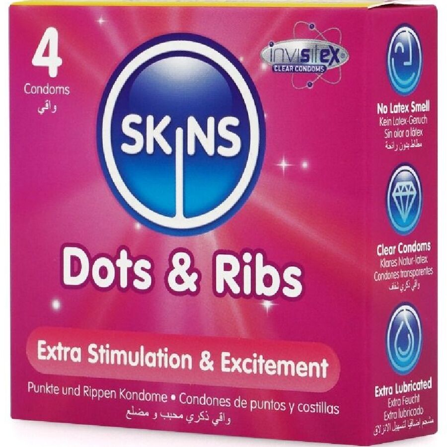 Skins Dots & Ribs Premium-Kondome 4er-Pack – Strukturiert & Extra Dünn für Schutz und angenehmes Gefühl