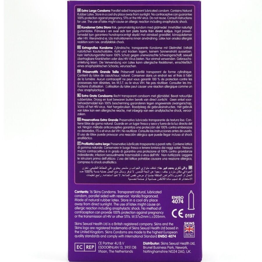 Skins Extra Große Premium-Kondome 16er-Pack – XL-Kondome 57 mm Breite, 205 mm Länge bei Secret Pulse im Erotikshop