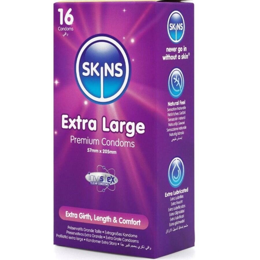Skins Extra Große Premium-Kondome 16er-Pack – XL-Kondome 57 mm Breite, 205 mm Länge für Schutz und angenehmes Gefühl